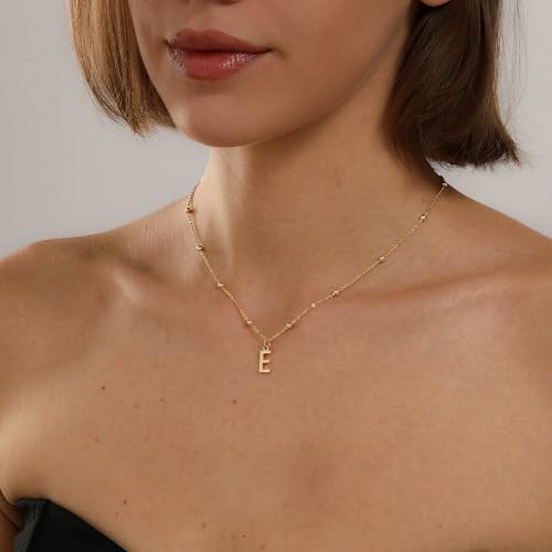 Initial Necklace for Women 14K Gold Silver Dainty Letter Necklace | Personalized Monogram Name Charm Pendant, Simple Bead Chain, Trendy Jewelry Gift, Non Tarnish - style: E