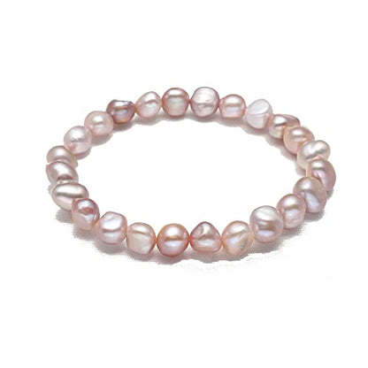 Handmade Women's Pearl Bracelet | Stretchy Beaded 8-9mm Baroque Pearl Bracelet for Ladies and Girls - Pink, Black, White, Grey, Multicolor - color: purple