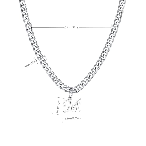 Stainless Steel Initial A-Z Necklace for Men Women,Cuban Chain,Titanium Steel Initial Letter Pendant Charm Necklaces Accessories Jewelry for Woman Man,21 Inch Chain - color: M
