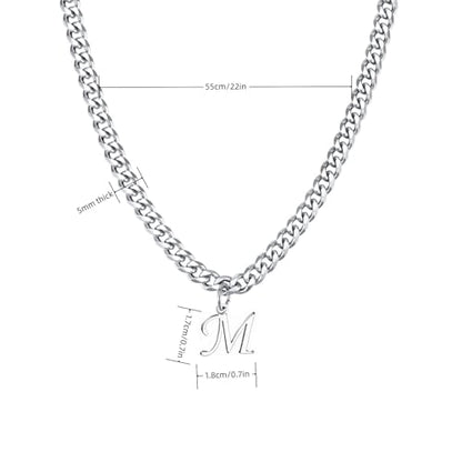 Stainless Steel Initial A-Z Necklace for Men Women,Cuban Chain,Titanium Steel Initial Letter Pendant Charm Necklaces Accessories Jewelry for Woman Man,21 Inch Chain - color: M