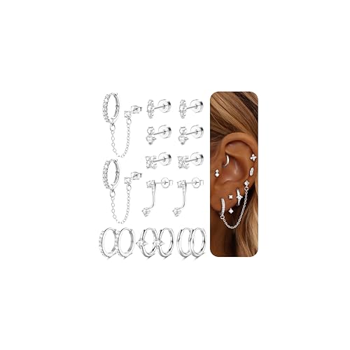 Gold Earrings for Women Flat Back Earrings Hypoallergenic Earring Stacks | 14K Gold Plated Surgical Stainless Steel Earring Set Chain Cartilage Earrings - Helix Piercing Jewelry for Women Trendy Gold - color: Silver 2