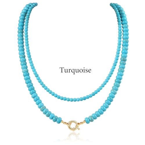 CASDAN 2Pcs Natural Gemstone Beaded Choker Necklaces for Women | Boho Colorful Beads Choker,Natural Stone Surfer Beach Necklaces,Handmade Summer Jewelry,Charm Trendy Necklaces - color: Sky blue
