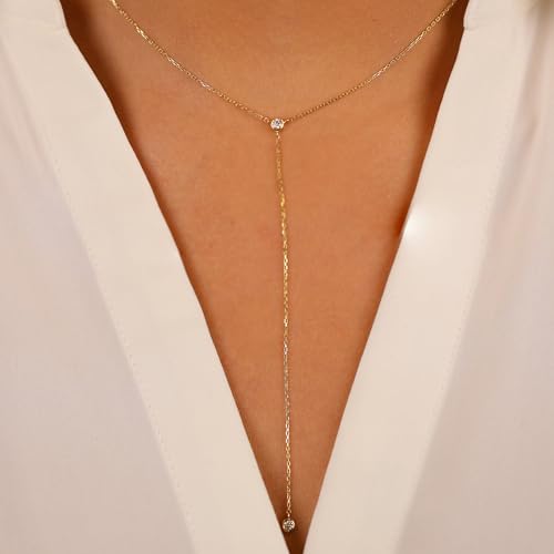 Lariat Gold Necklace for Women Dainty Long 14K Gold Plated Y-Shaped Body Chain Choker Necklace Trendy Non Tarnish Pendant Simple Layered Necklaces Gold Jewelry for Women Set Gift - color: CZ Penddant