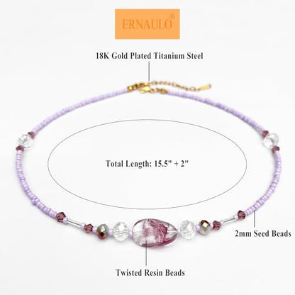 Beaded Necklaces for Women Summer Beach Beaded Necklace Bead Choker Boho Necklaces for Women Handmade Summer Jewelry Stainless Steel 18K Gold Plated - color: Purple