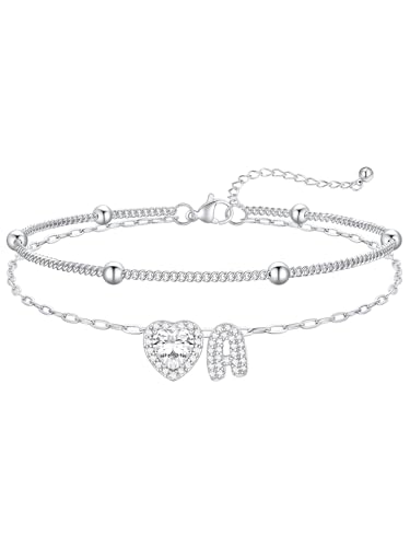 FaithHeart Waterproof Initial Ankle Bracelets for Women, Initial Anklets with Heart CZ Stainless Steel Layered Letter A-Z Anklet No Tarnish Ankle Jewelry - color: Silver, size: Initial A