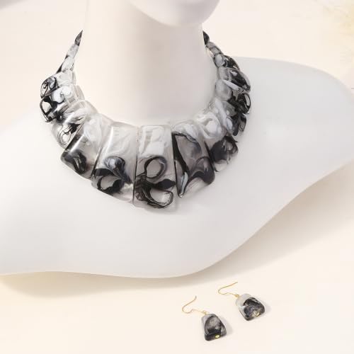 DATOA Chunky Resin Geometric Necklace Earrings Set for Women Boho Modern Statement Necklace Jewelry Accessories - color: Black and White
