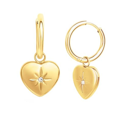 18k Gold Plated Puffy Heart Work Earrings, Business Casual Office Jewelry for Women, Gold Celestial April Birthstone Earrings for Mom, North Star Guidance Charm 15mm Huggie Dangle Hoops