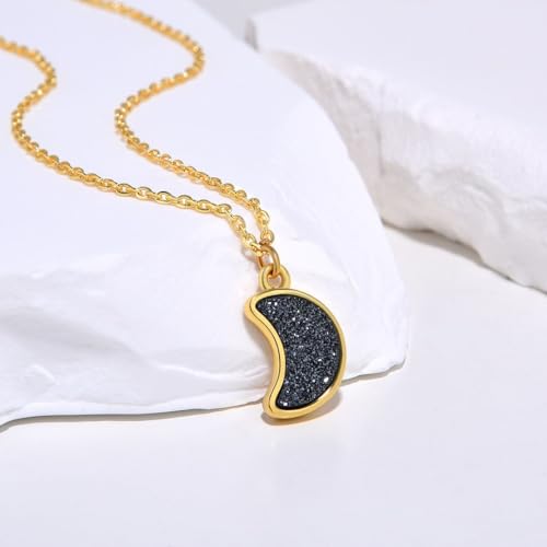 Adabele Natural Druzy Necklace Small Tiny Moon Gemstone Pendant 18 inch Sparkly Agate Stone Crystal Women Jewelry Tarnish Resistant Stainless Steel/Gold Plated Chain - color: Hematite black druzy - gold plated