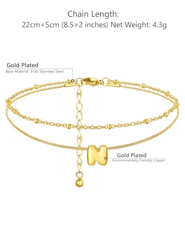 ChainsProMax Initial Ankle Bracelets for Women, Waterproof Anklets Bracelet Adjustable Summer Beach Women Foot Jewelry, Stainless Steel/Gold Plated-Send Gift Box/Letter A-Z - color: Gold Plated-N
