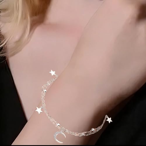 Silver Layered Star Moon Bracelets for Women Link Chain Moon Pendent Bracelet Fashion Jewelry Gifts