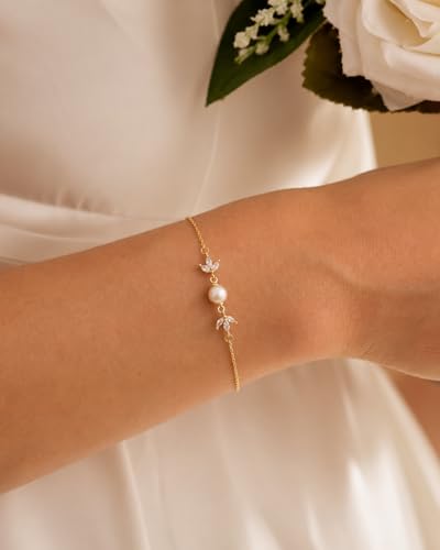 Gold Bracelets for Women Pearl Bracelet 14k Gold/White Gold Plated | Dainty Cubic Zirconia CZ Accented, Bridesmaid Jewelry, Prom Bracelet, Wedding Bracelets for Brides - color: gold-leaf
