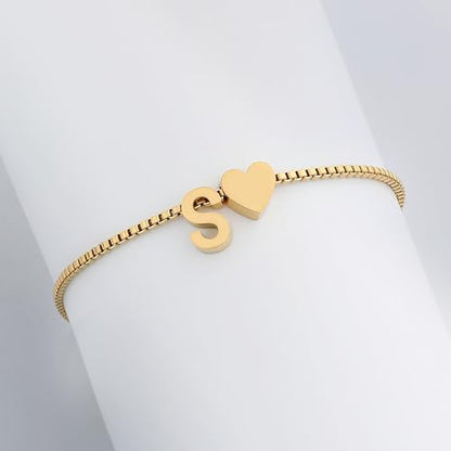 Gold Initial Bracelet for Women Dainty Personalized Name Bracelet | 14K Gold Plated, Letter A-Z Bracelet, Tiny Gold Initial Cute Heart Bracelet Jewelry Gift - color: S