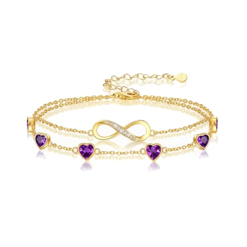 Prismata Infinity Birthstone Charm Link Bracelet/Anklet 925 Sterling Silver Adjustable 12 Months Birthstone Infinity Bracelet/Anklet Birthday Jewelry Gifts for Women Her - color: 02-February, size: 7'+2' Bracelet-18K Gold Plated