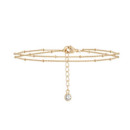 MEVECCO Dainty Chain Bracelets for Women, Layered and Charm Styles | 14K Gold Plated Brass, Select Cubic Zirconia Accents, Single and Multi-Row Structures for Refined Everyday Wristwear - style: 2 Layer Satellite Chain