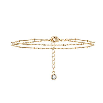 MEVECCO Dainty Chain Bracelets for Women, Layered and Charm Styles | 14K Gold Plated Brass, Select Cubic Zirconia Accents, Single and Multi-Row Structures for Refined Everyday Wristwear - style: 2 Layer Satellite Chain
