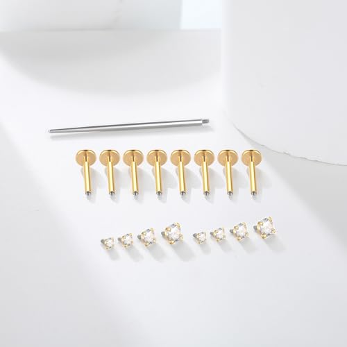 Xpircn Flat Back Stud Earrings 14K Gold Plated Internally Threaded CZ Stud Piercing Jewelry for Tragus Helix Cartilage Conch Nose Hypoallergenic Lip Labret Medusa Piercing 16G 18G - color: 16 Gauge, Gold, size: 10mm Bar