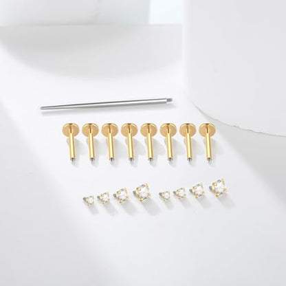 Xpircn Flat Back Stud Earrings 14K Gold Plated Internally Threaded CZ Stud Piercing Jewelry for Tragus Helix Cartilage Conch Nose Hypoallergenic Lip Labret Medusa Piercing 16G 18G - color: 16 Gauge, Gold, size: 10mm Bar