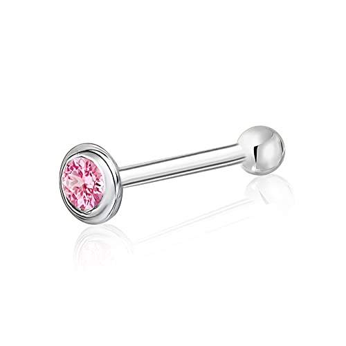 Massete 18k 14k Gold Nose Ring - 20g Nose Stud, Hypoallergenic Threadless Piercings for Women Men, Yellow White Rose Real Gold Standard or Long Nose Rings Studs, CZ or Ball Nose Piercing Jewelry - color: Simulated Pink Tourmaline - 14k White Gold, size: S