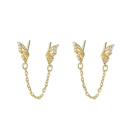 Cute Tiny Butterfly CZ Double Piercing Huggie Small Stud With Short Chain 925 Sterling Silver Cuff Wrap Earrings for Women Cartilage Two Holes Animal Dangle Drop Hypoallergenic - color: Gold