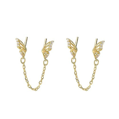 Cute Tiny Butterfly CZ Double Piercing Huggie Small Stud With Short Chain 925 Sterling Silver Cuff Wrap Earrings for Women Cartilage Two Holes Animal Dangle Drop Hypoallergenic - color: Gold
