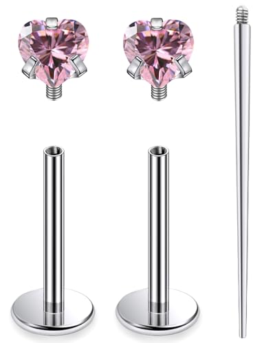 20G 18G 16G Astm F136 Titanium Internal Thread Flat Back Earrings Nose Studs Tragus Helix Conch Cartilage Lobe Earrings Medusa Labret Snake Bite Monroe Lip Ring Piercing Jewelry For Women Men - color: Pink, size: 16G-10MM Bar-CZ 3MM