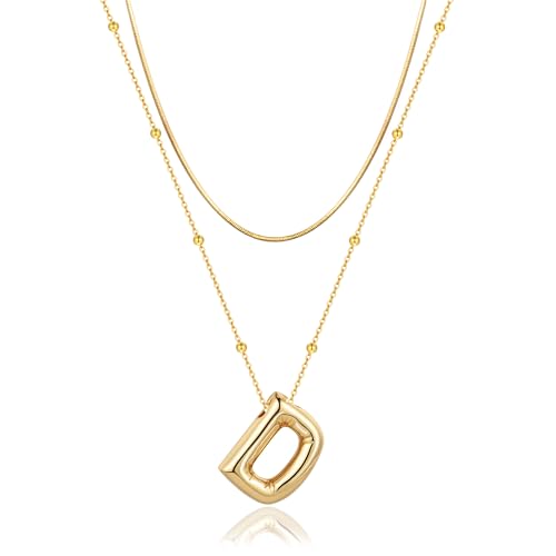 LUCA SMITH 2-Piece Initial Necklaces for Women, Dainty Balloon Bubble A-Z Letter Necklace Set, Name Letter Alphabet Pendant Layered Choker Necklaces Personalized Jewelry Gift - color: Gold bubble letter necklace, style: Initial Set-D