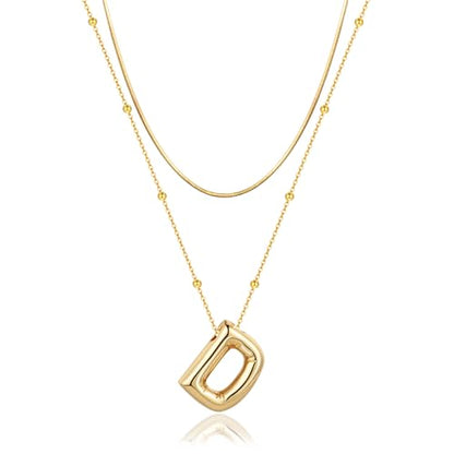 LUCA SMITH 2-Piece Initial Necklaces for Women, Dainty Balloon Bubble A-Z Letter Necklace Set, Name Letter Alphabet Pendant Layered Choker Necklaces Personalized Jewelry Gift - color: Gold bubble letter necklace, style: Initial Set-D