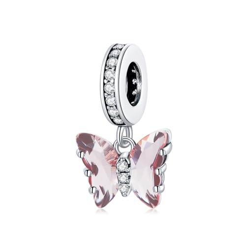 BISAER 925 Sterling Silver Charms for Bracelets Cat Dog Sloth Animal Beads Butterfly Fairy Heart Dangle Pendant Charms - color: Butterfly CZ