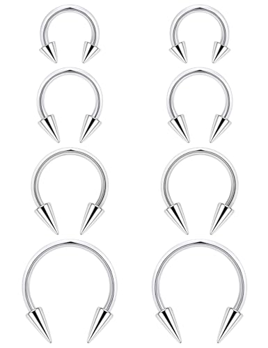 Long Spike Septum Rings 16G Surgical Steel Snake Bite Jewelry Lip Rings Smiley Piercing Jewelry for Women Men 6mm/8mm/10mm/12mm - color: silver-tone,8pcs,16g,Dia.6-12mm