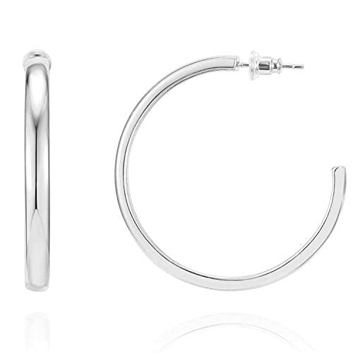 PAVOI 14K Gold Plated Wide Flat Edge Hoop Earrings for Women | Rose, White and Yellow Gold Hoops | Hypoallergenic Jewelry - color: White Gold, size: 40 Millimeters