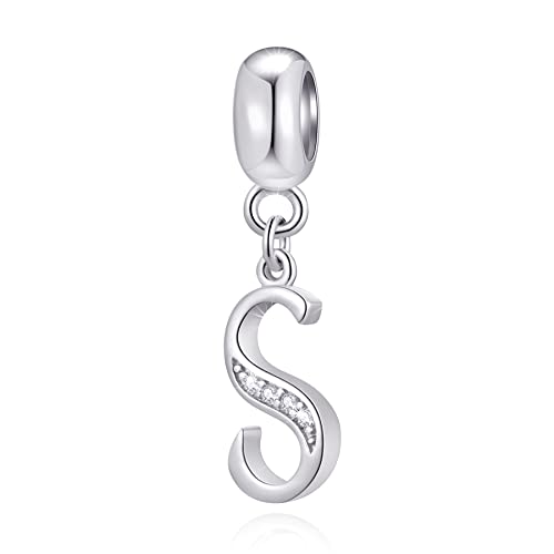 26 Letter Pendant Charms, Polished 925 Sterling Silver Complete Initial A-Z Dangling CZ Stone Alphabet Beads, fits European Bracelet Necklace, Gift for Mother/Father/Daughter/Son/Sister/Aunt - color: Letter S CZ Pendant Charm