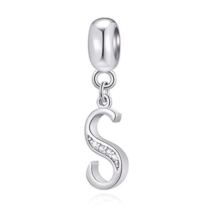 26 Letter Pendant Charms, Polished 925 Sterling Silver Complete Initial A-Z Dangling CZ Stone Alphabet Beads, fits European Bracelet Necklace, Gift for Mother/Father/Daughter/Son/Sister/Aunt - color: Letter S CZ Pendant Charm