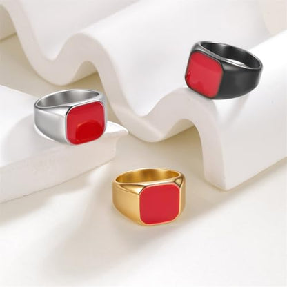 PAURO Unisex Stainless Steel Minimalist Square Enamel Signet Ring Plated Glossy Wedding Band - color: Black Red