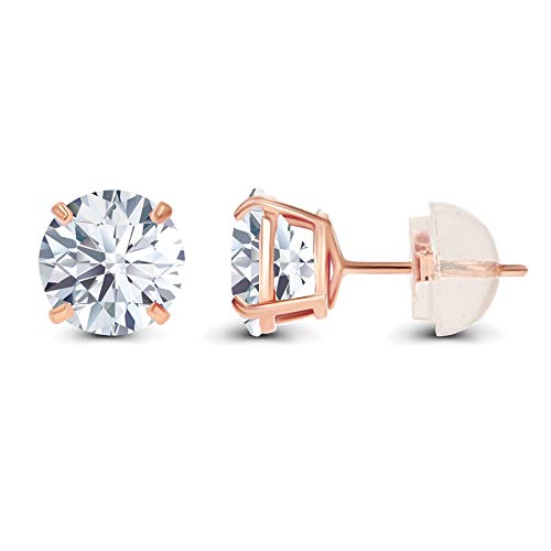 Solid 14K Yellow or White or Rose Gold 6mm Round Genuine Birthstone Gemstone Prong Set Stud Earrings For Women - color: White Topaz