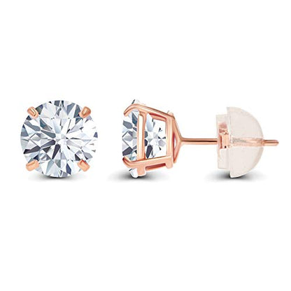 Solid 14K Yellow or White or Rose Gold 6mm Round Genuine Birthstone Gemstone Prong Set Stud Earrings For Women - color: White Topaz