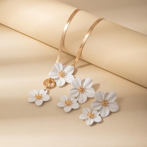 Colorful Flower Necklace Earrings Set for Women Gold Snake Chain Toggle Clasp Pendant Necklaces Dainty Double Flowers Statement Earrings Bridal Wedding Summer Beach Jewelry for Women - color: white