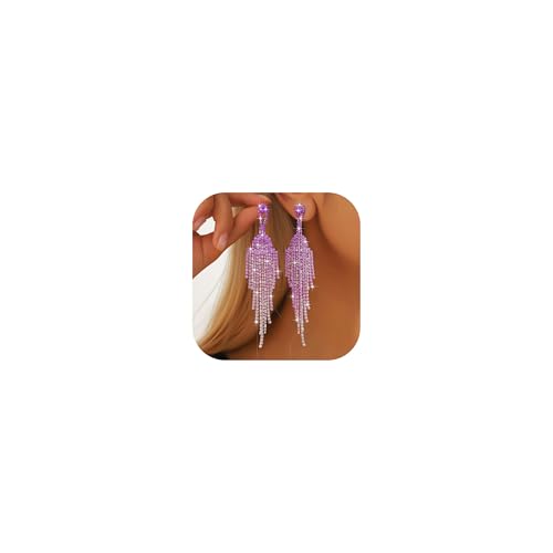 Rhinestone Earrings Prom Earrings for Women Sparkly Long Tassel Chandelier Drop Statement Earring Jewerly Gifts Wedding Party Prom Dresses Accessories - color: A4: purple prom earrings