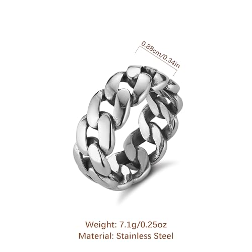 HZMAN Mens Stainless Steel 7mm Wide Band Cuban Link Chain Ring, Silver Gold Black - color: Silver