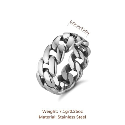 HZMAN Mens Stainless Steel 7mm Wide Band Cuban Link Chain Ring, Silver Gold Black - color: Silver