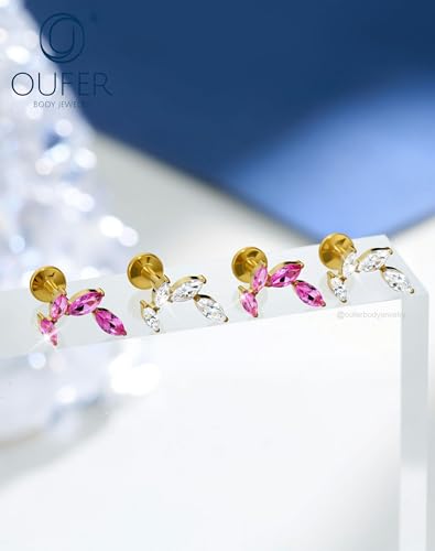 OUFER Body Piercing Titanium Helix Piercing Jewelry 16G Leaf Helix Earrings for Women Internally Thread Conch Helix Stud Flat Back Cartilage Earrings Surgical Steel Gold Cartilage Piercing Jewelry - color: ruby CZ, size: 1.2*8mm