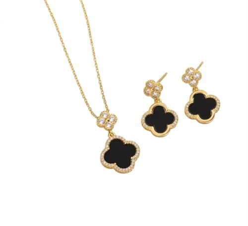 ZYRA Gold Plated Clover Four Leaf Necklace Pendant and Earrings for Women Clover Set Jewelry Gifts for Women - color: Black Gold