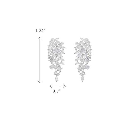 Crysdue Simulated Pearl Earrings for Women, Dainty Silver/Gold/Rose Gold Plated Cubic Zirconia Drop Dangle Earrings Wedding Jewelry for Bride Bridesmaid - style: J_Silver