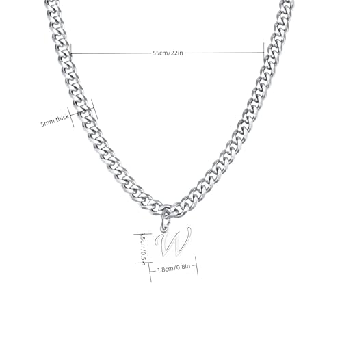 Stainless Steel Initial A-Z Necklace for Men Women,Cuban Chain,Titanium Steel Initial Letter Pendant Charm Necklaces Accessories Jewelry for Woman Man,21 Inch Chain - color: W