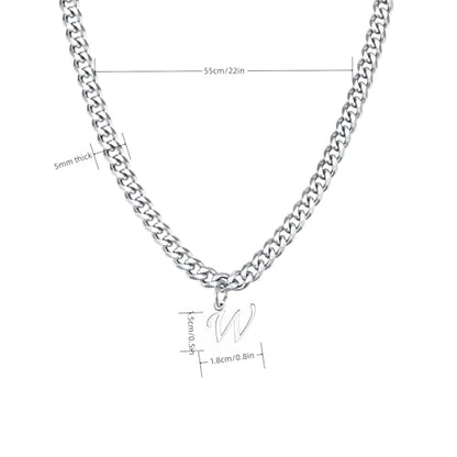 Stainless Steel Initial A-Z Necklace for Men Women,Cuban Chain,Titanium Steel Initial Letter Pendant Charm Necklaces Accessories Jewelry for Woman Man,21 Inch Chain - color: W