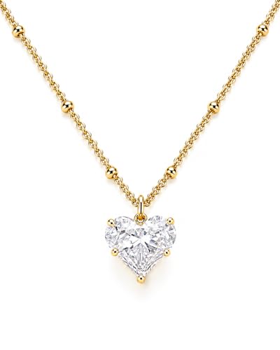 Gold Necklace for Women, 14K Gold Plated Cubic Zirconia Pendant Necklace, Dainty Heart Moon Circle Paperclip Jewelry for Layering, Everyday Birthday Gift - color: Gold Pink Heart
