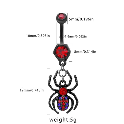 14G Black Spider Dangle Belly Button Ring for Women Rhinestone Crystal with Gothic Dangling Spider Belly Navel Rings Halloween Body Piercing Jewelry - color: Red