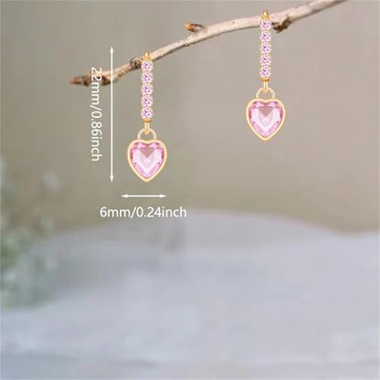 Sparkly Crystal Love Heart Dangle Drop Earrings Dainty Rhinestone Tiny Heart Huggie Hoop Earrings For Women - color: Pink