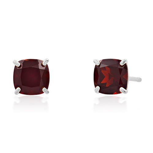 MAX + STONE 14k Gold Plated or Sterling Silver Cushion Cut Gemstone Stud Earrings and Pendant Necklace for Women with 6mm and 8mm Birthstones 18 Inch Chain and Push Backs Jewelry Set - style: Sterling Silver|Genuine Garnet