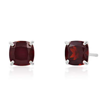 MAX + STONE 14k Gold Plated or Sterling Silver Cushion Cut Gemstone Stud Earrings and Pendant Necklace for Women with 6mm and 8mm Birthstones 18 Inch Chain and Push Backs Jewelry Set - style: Sterling Silver|Genuine Garnet