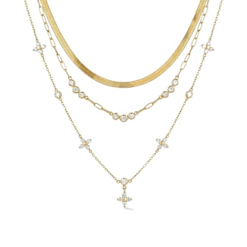 Coolkin 3 PCS Women Gifts Layered Gold Necklace for Women,14K Gold Plated Dainty CZ Pendant Layering Gold Necklaces Set Chain Choker Cubic Zirconia Necklace Trendy Jewelry Gifts - style: Clover CZ